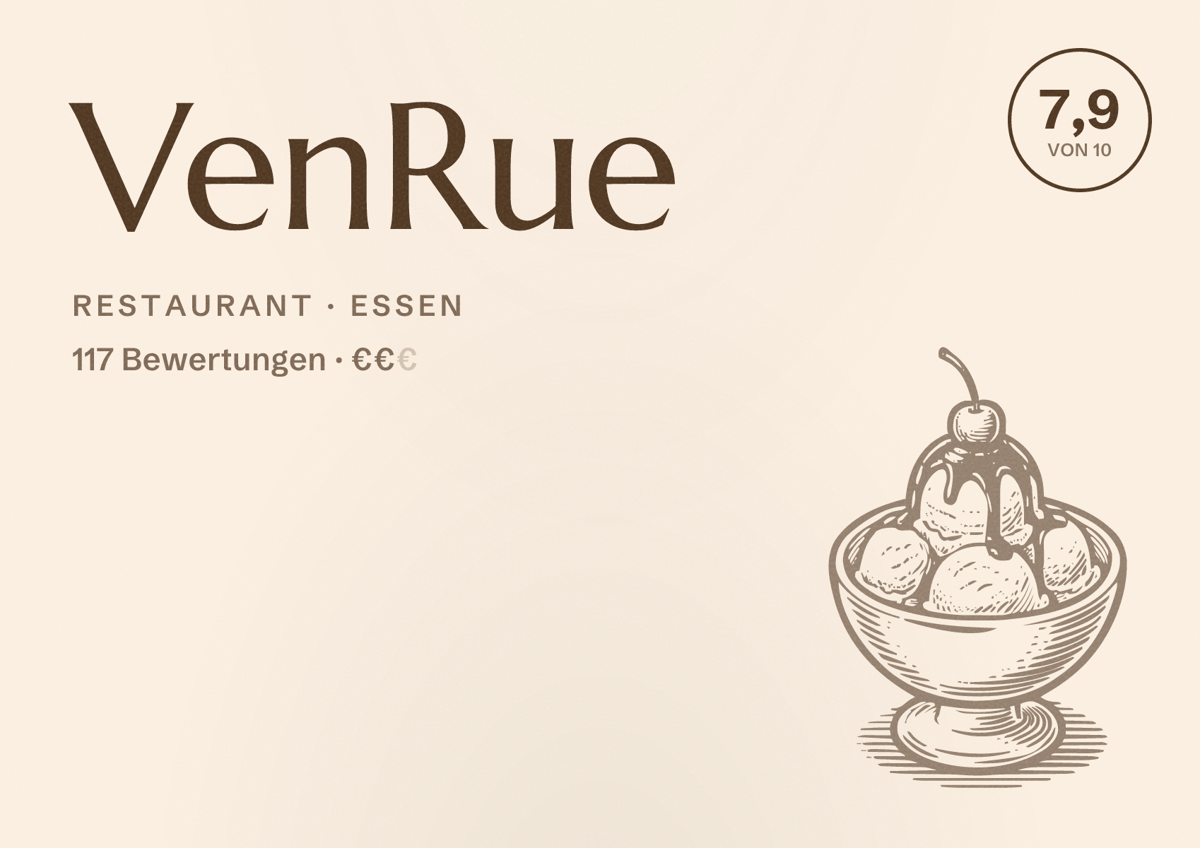 Illustriertes Poster von VenRue, Restaurant in Essen: Bewertung 7,9 von 10 aus 117 Bewertungen, Preisniveau €€