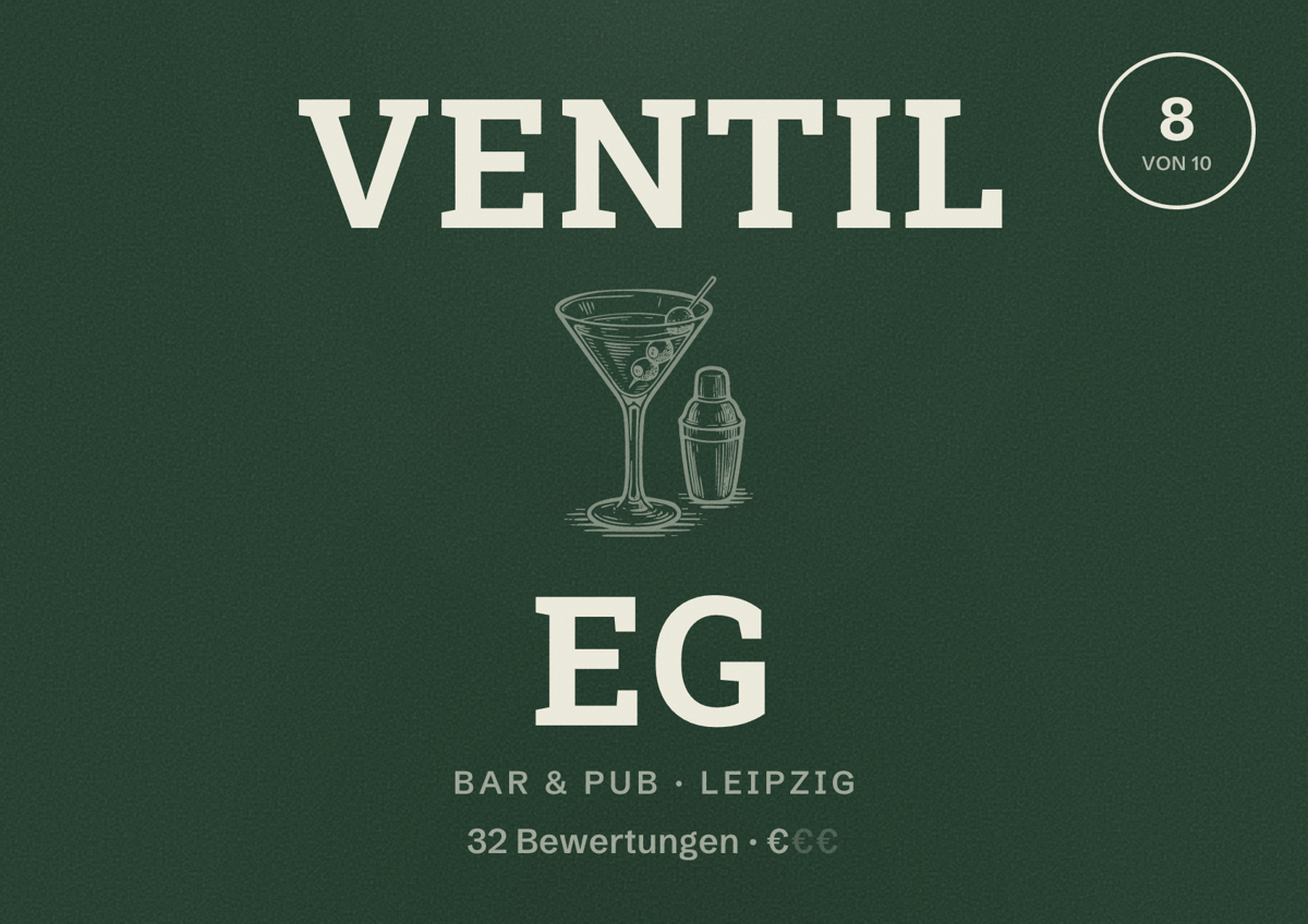 Illustriertes Poster von Ventil eG, Bar & Pub in Leipzig: Bewertung 8 von 10 aus 32 Bewertungen, Preisniveau €