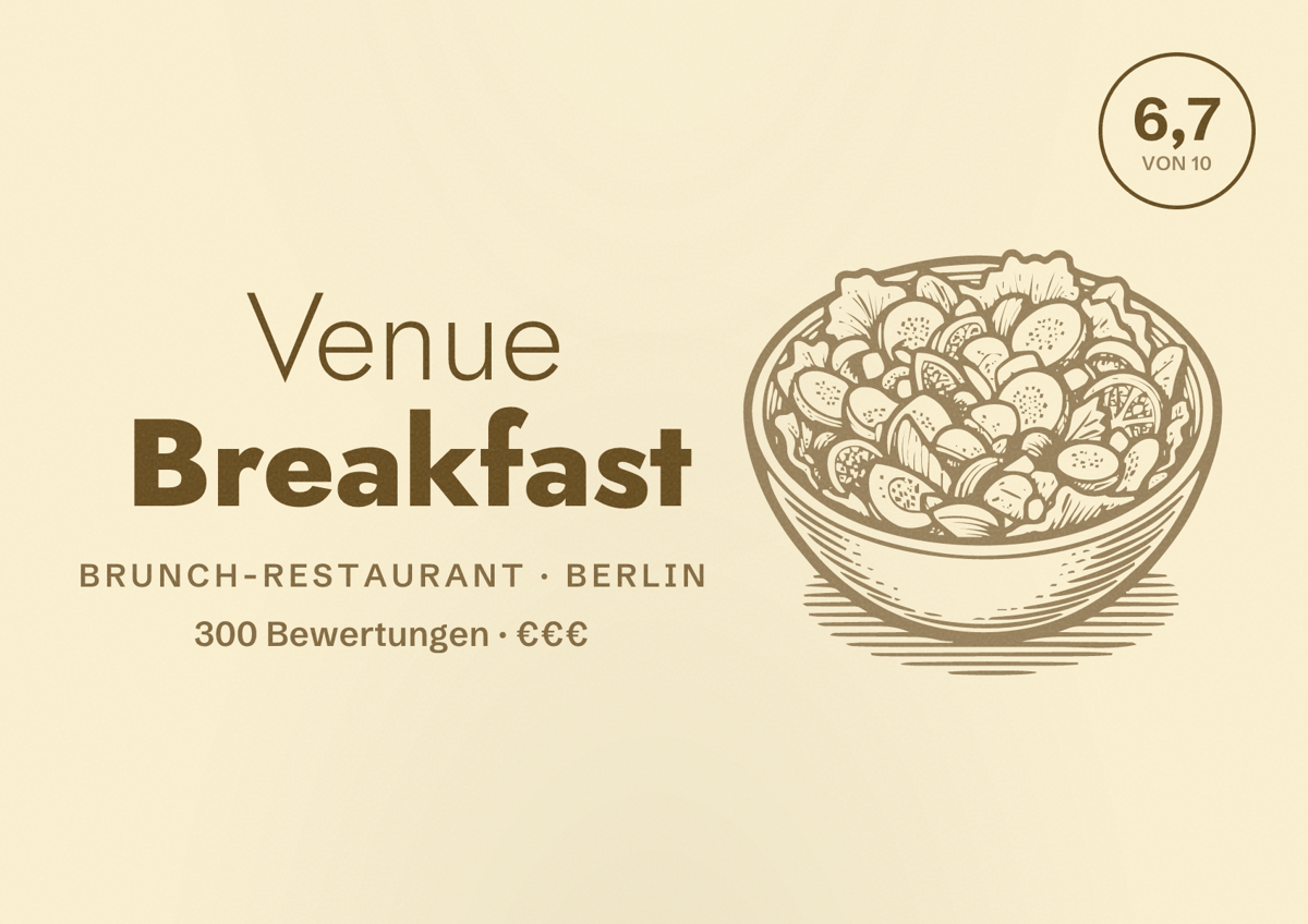 Illustriertes Poster von Venue Breakfast, Brunch-Restaurant in Berlin: Bewertung 6,7 von 10 aus 300 Bewertungen, Preisniveau €€€