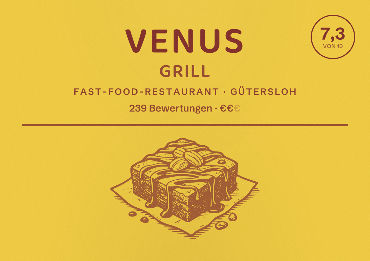 Illustriertes Poster von Venus Grill, Fast-Food-Restaurant in Gütersloh: Bewertung 7,3 von 10 aus 239 Bewertungen, Preisniveau €€