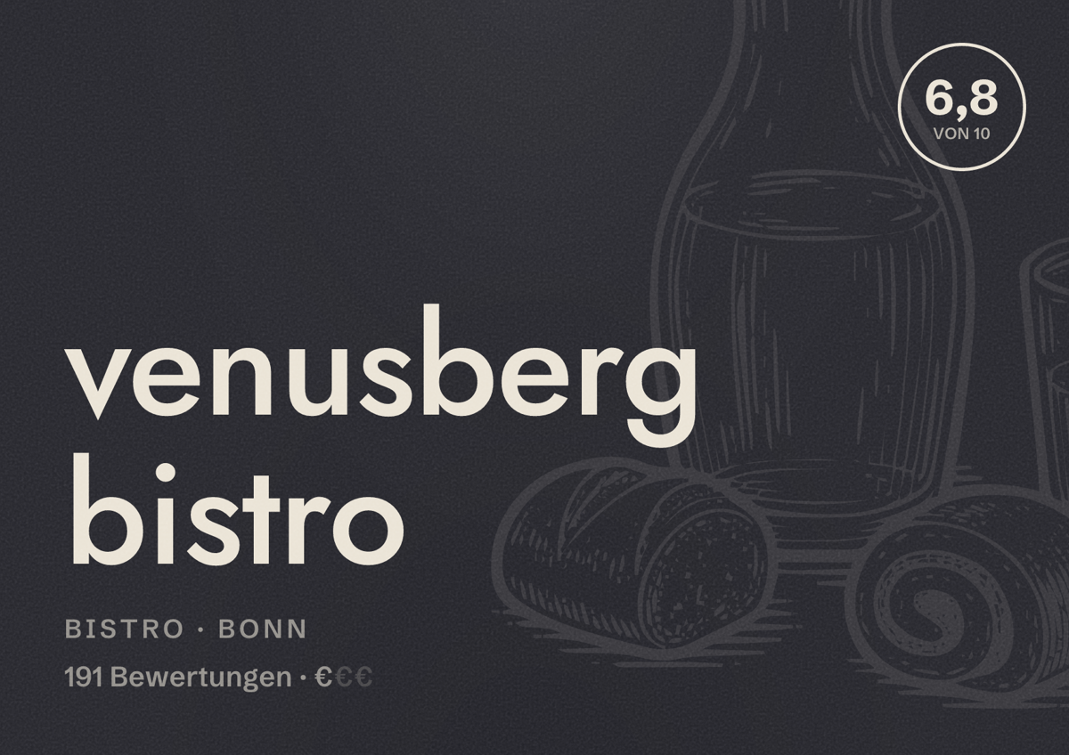 Illustriertes Poster von venusberg bistro, Bistro in Bonn: Bewertung 6,8 von 10 aus 191 Bewertungen, Preisniveau €