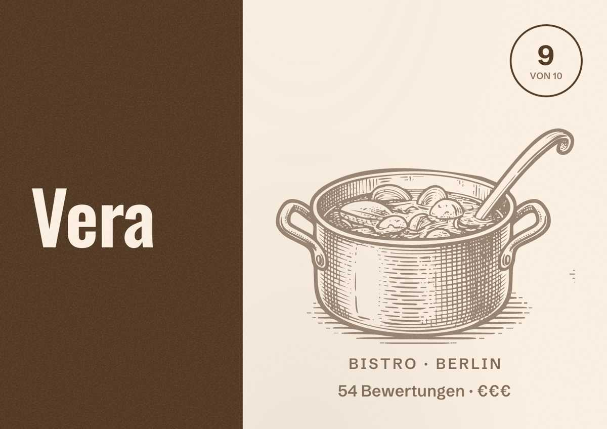 Illustriertes Poster von Vera, Bistro in Berlin: Bewertung 9,0 von 10 aus 54 Bewertungen, Preisniveau €€€