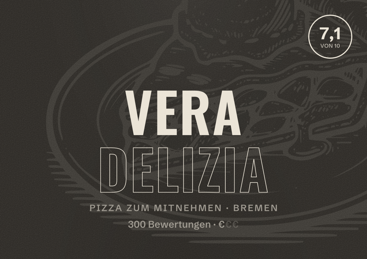 Illustriertes Poster von Vera Delizia, Pizza zum Mitnehmen in Bremen: Bewertung 7,1 von 10 aus 300 Bewertungen, Preisniveau €