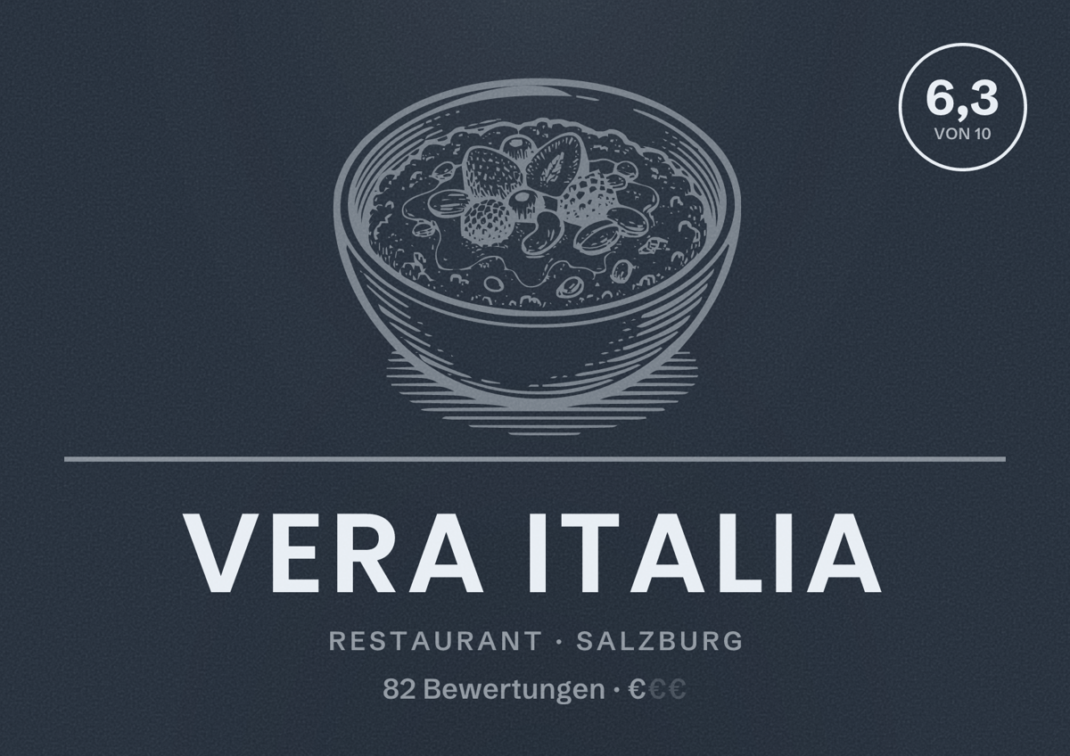 Illustriertes Poster von Vera Italia, Restaurant in Salzburg: Bewertung 6,3 von 10 aus 82 Bewertungen, Preisniveau €