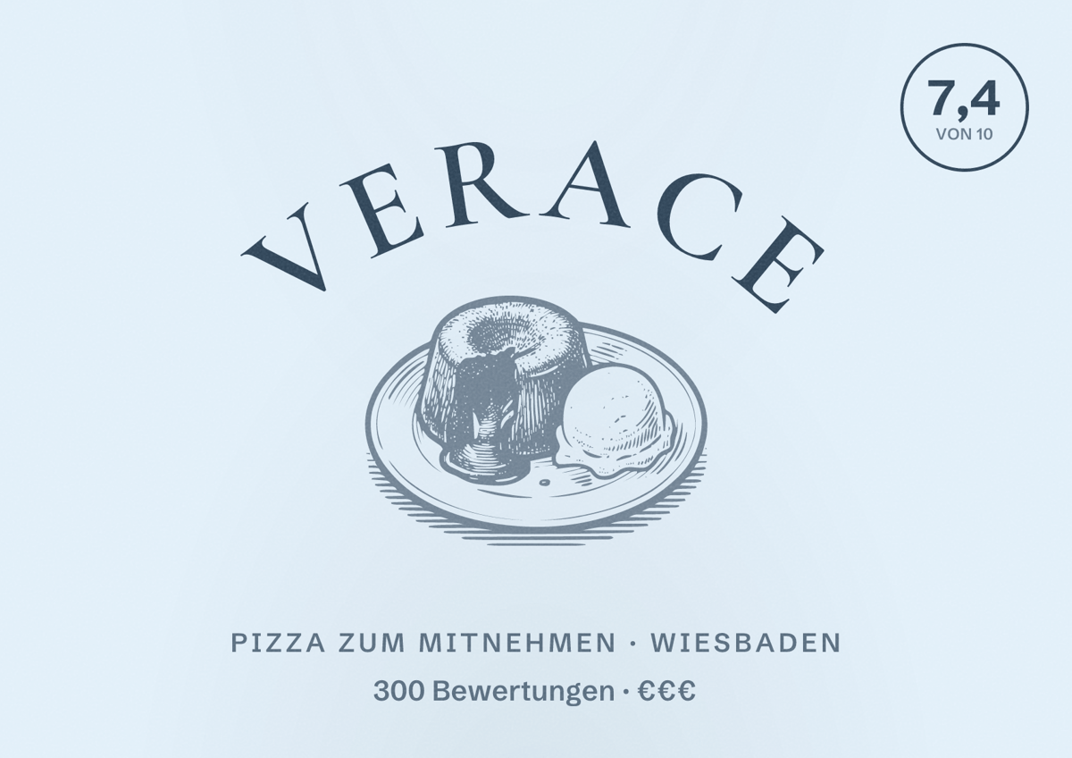 Illustriertes Poster von Verace, Pizza zum Mitnehmen in Wiesbaden: Bewertung 7,4 von 10 aus 300 Bewertungen, Preisniveau €€€
