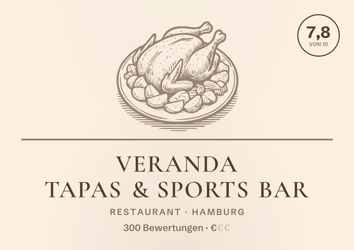 Illustriertes Poster von Veranda Tapas & Sports Bar, Restaurant in Hamburg: Bewertung 7,8 von 10 aus 300 Bewertungen, Preisniveau €