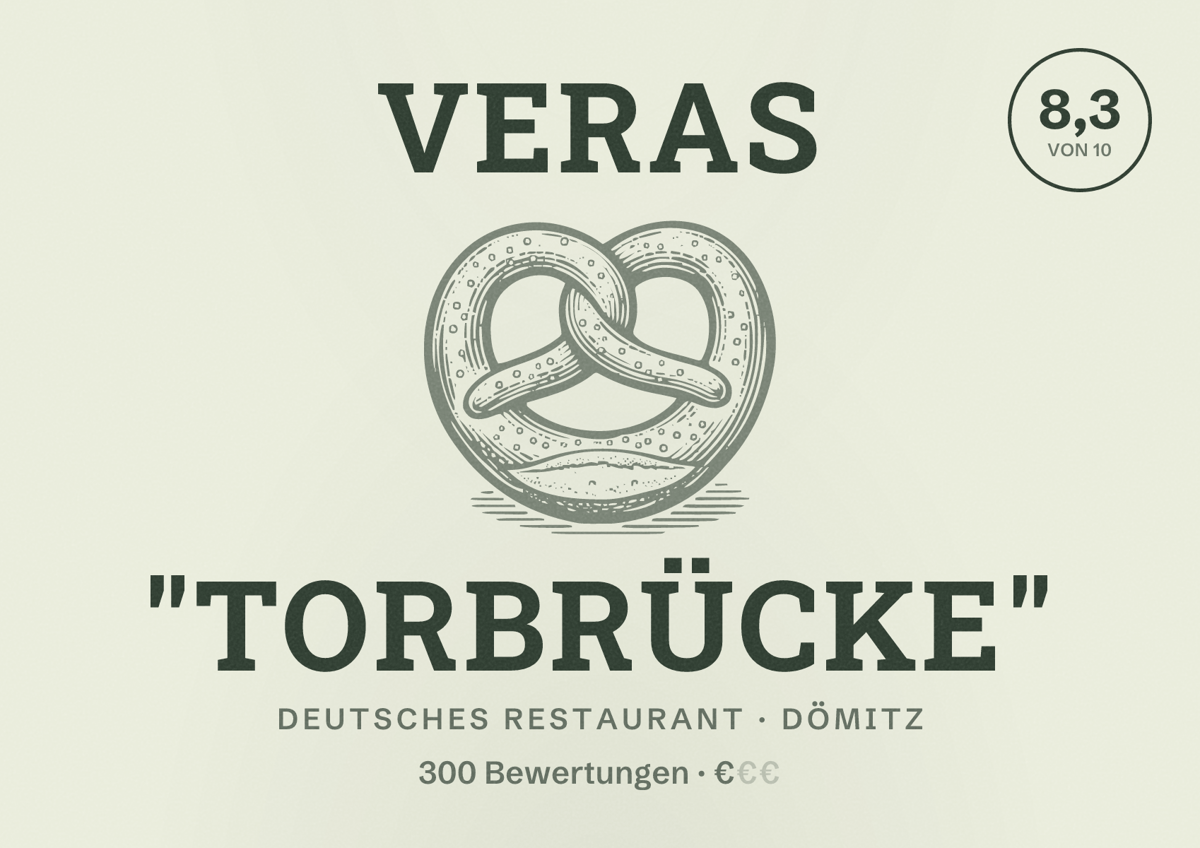 Illustriertes Poster von Veras "Torbrücke", Deutsches Restaurant in Dömitz: Bewertung 8,3 von 10 aus 300 Bewertungen, Preisniveau €