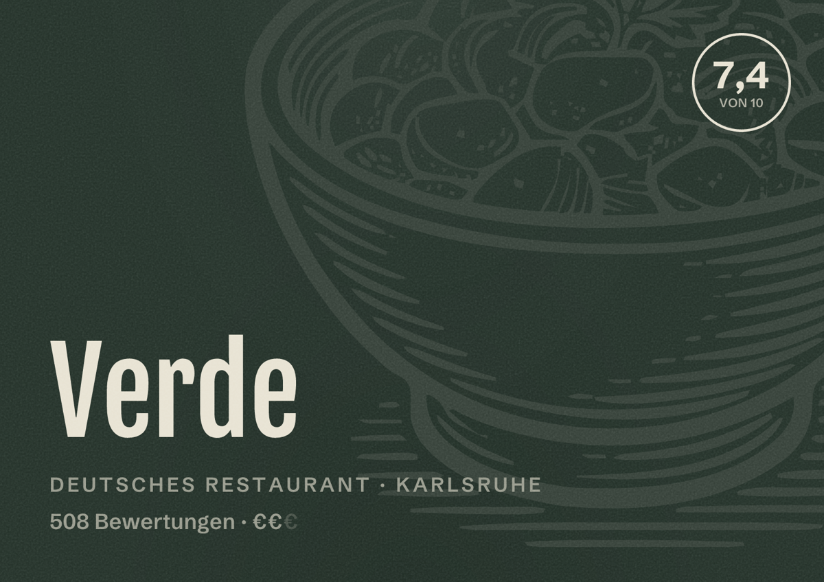 Illustriertes Poster von Verde, Deutsches Restaurant in Karlsruhe: Bewertung 7,4 von 10 aus 508 Bewertungen, Preisniveau €€