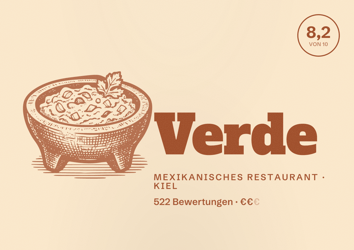 Illustriertes Poster von Verde, Mexikanisches Restaurant in Kiel: Bewertung 8,2 von 10 aus 522 Bewertungen, Preisniveau €€