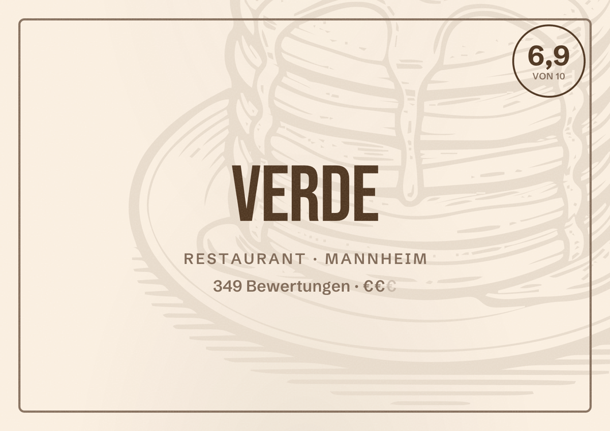 Illustriertes Poster von Verde, Restaurant in Mannheim: Bewertung 6,9 von 10 aus 349 Bewertungen, Preisniveau €€