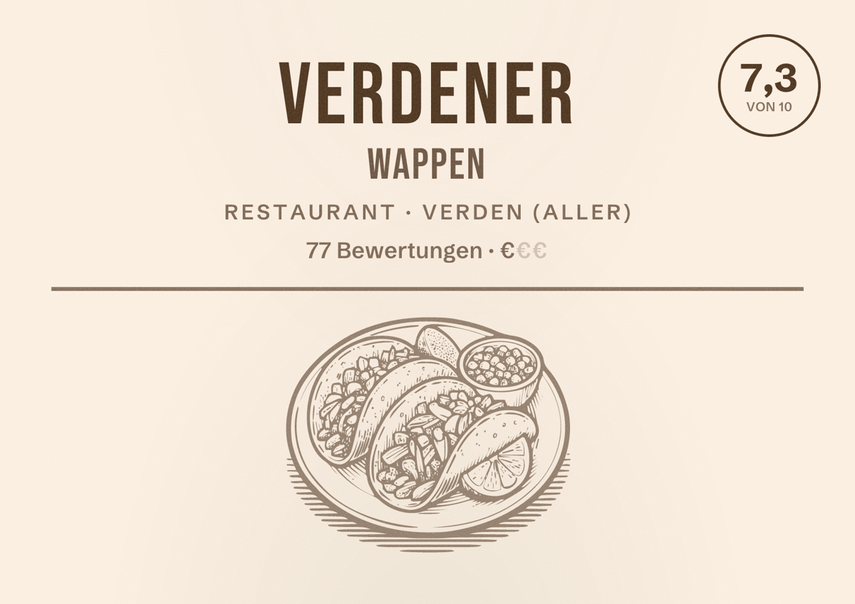 Illustriertes Poster von Verdener Wappen, Restaurant in Verden (Aller): Bewertung 7,3 von 10 aus 77 Bewertungen, Preisniveau €
