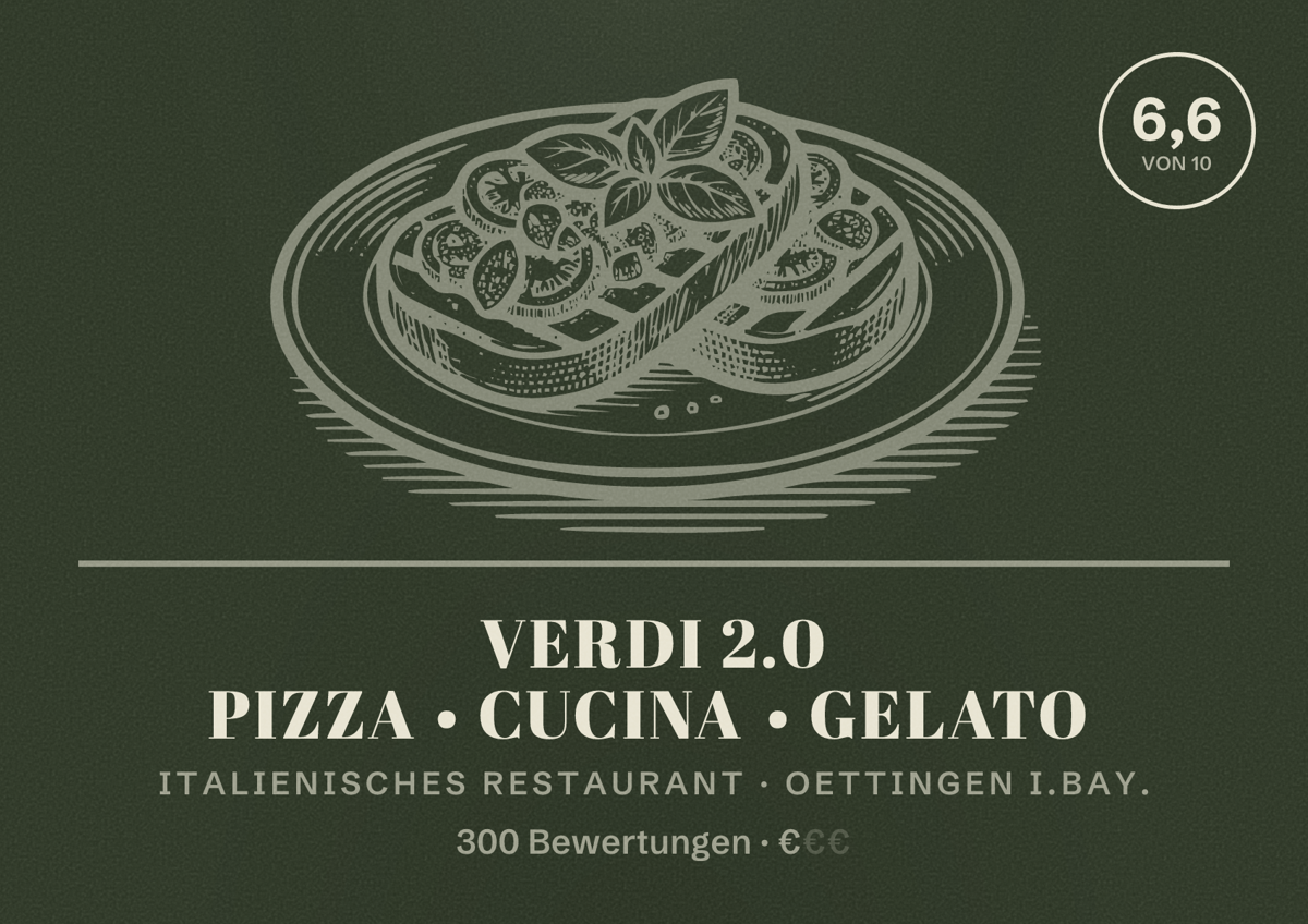 Illustriertes Poster von Verdi 2.0 Pizza • Cucina • Gelato, Italienisches Restaurant in Oettingen i.Bay.: Bewertung 6,6 von 10 aus 300 Bewertungen, Preisniveau €