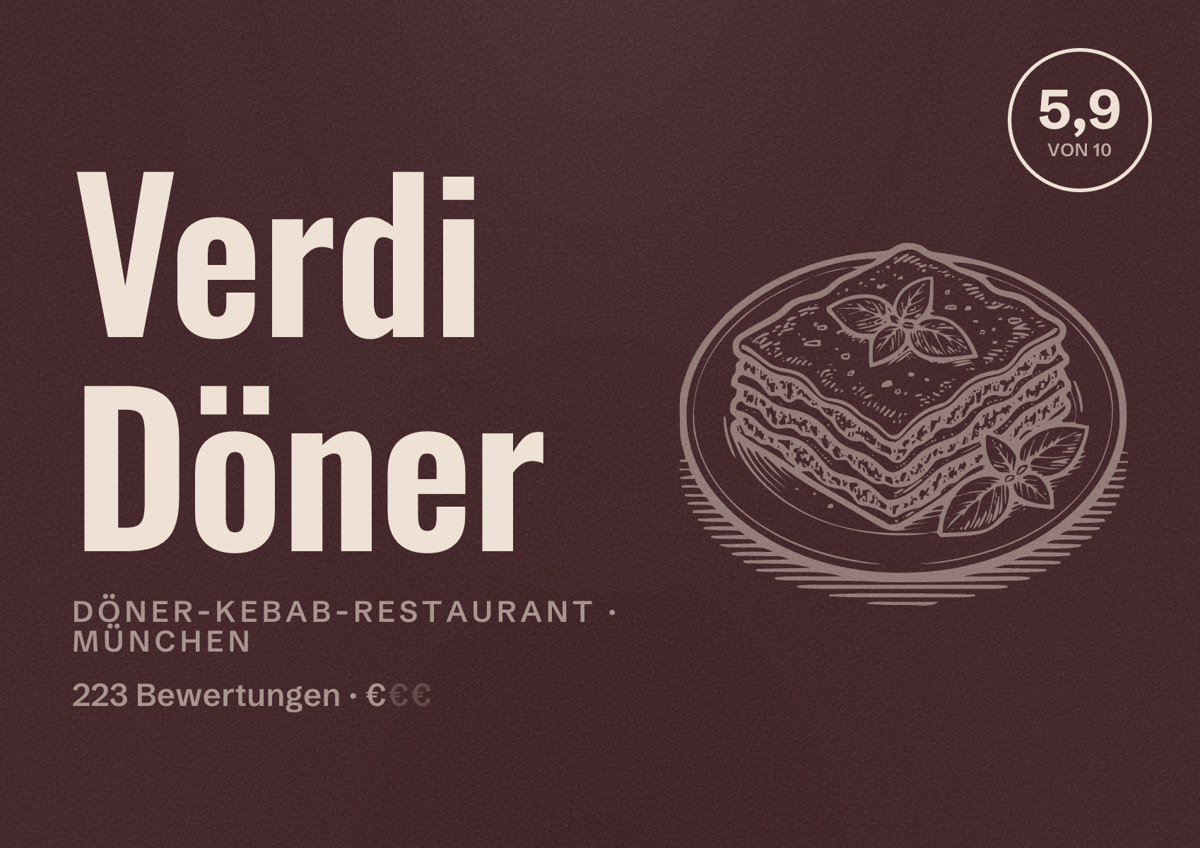 Illustriertes Poster von Verdi Döner, Döner-Kebab-Restaurant in München: Bewertung 5,9 von 10 aus 223 Bewertungen, Preisniveau €