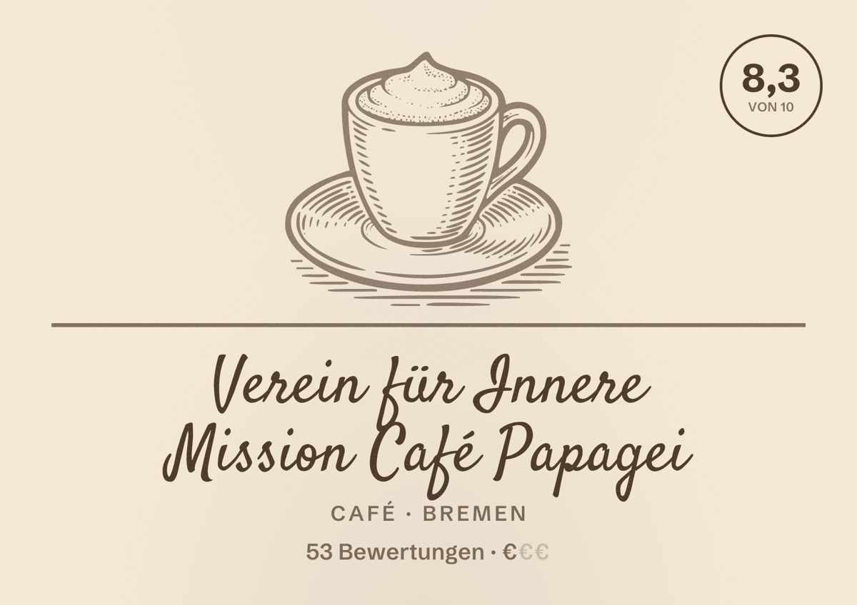 Illustriertes Poster von Verein für Innere Mission Café Papagei, Café in Bremen: Bewertung 8,3 von 10 aus 53 Bewertungen, Preisniveau €