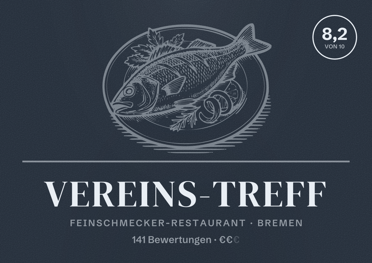Illustriertes Poster von Vereins-Treff, Feinschmecker-Restaurant in Bremen: Bewertung 8,2 von 10 aus 141 Bewertungen, Preisniveau €€