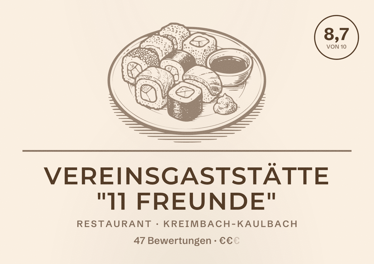 Illustriertes Poster von Vereinsgaststätte "11 Freunde", Restaurant in Kreimbach-Kaulbach: Bewertung 8,7 von 10 aus 47 Bewertungen, Preisniveau €€