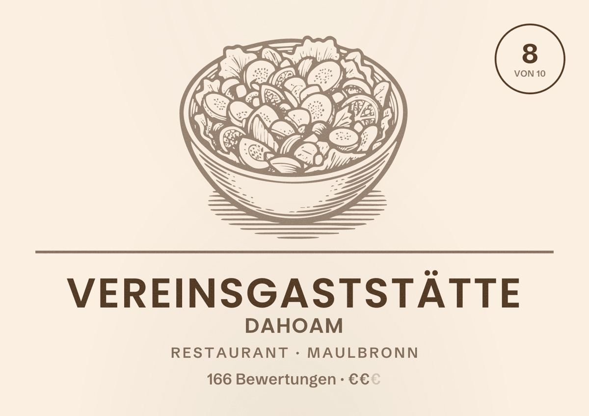 Illustriertes Poster von Vereinsgaststätte Dahoam, Restaurant in Maulbronn: Bewertung 8 von 10 aus 166 Bewertungen, Preisniveau €€