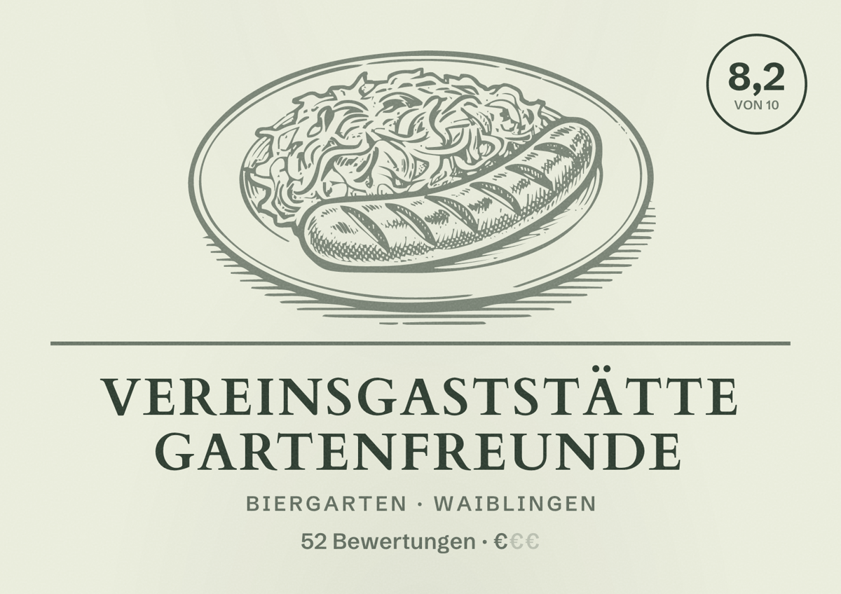 Illustriertes Poster von Vereinsgaststätte Gartenfreunde, Biergarten in Waiblingen: Bewertung 8,2 von 10 aus 52 Bewertungen, Preisniveau €
