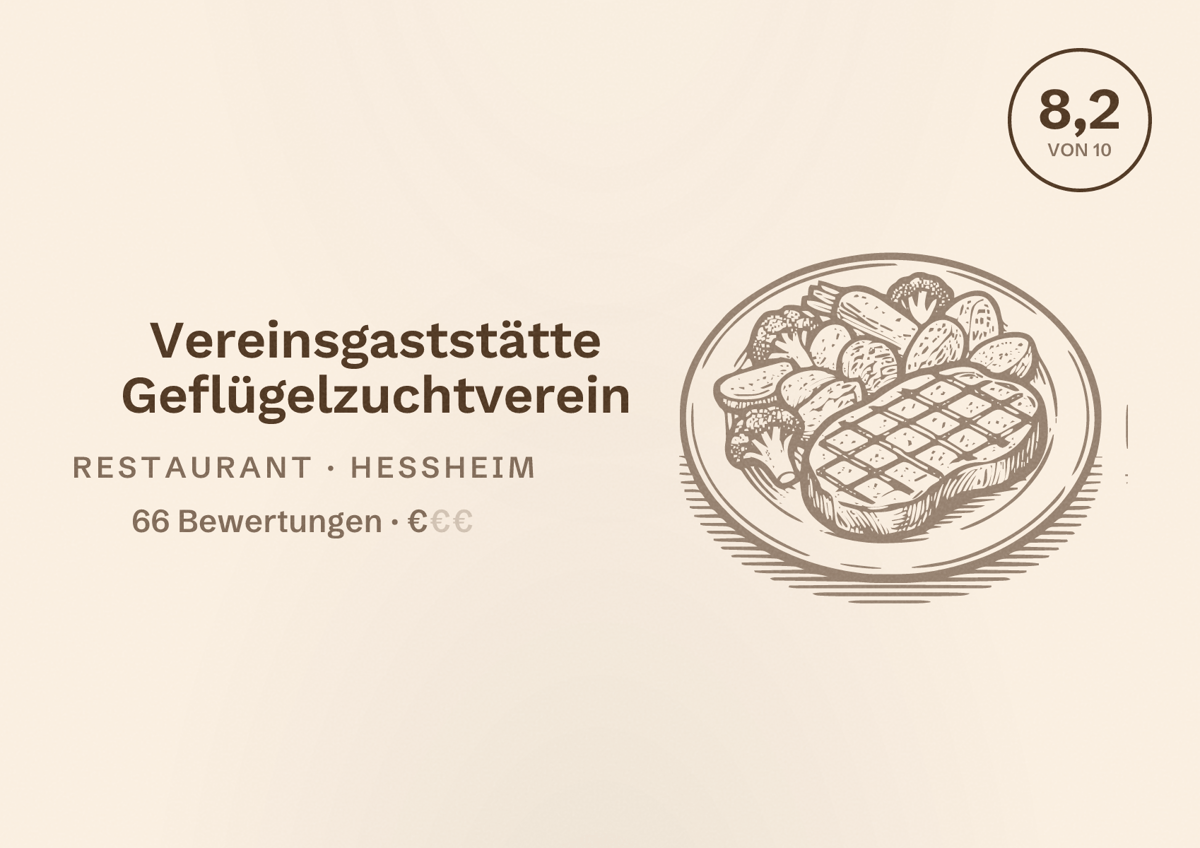 Illustriertes Poster von Vereinsgaststätte Geflügelzuchtverein, Restaurant in Heßheim: Bewertung 8,2 von 10 aus 66 Bewertungen, Preisniveau €