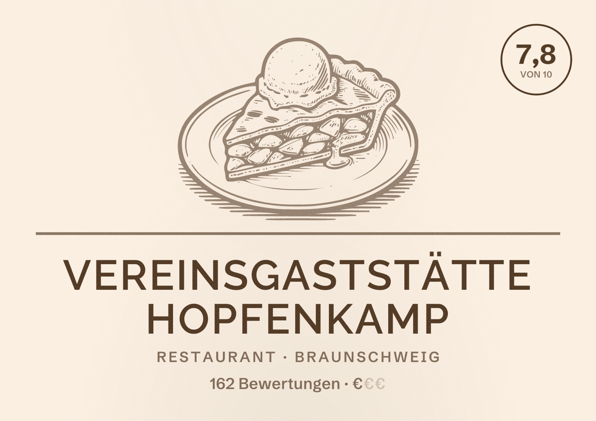 Illustriertes Poster von Vereinsgaststätte Hopfenkamp, Restaurant in Braunschweig: Bewertung 7,8 von 10 aus 162 Bewertungen, Preisniveau €