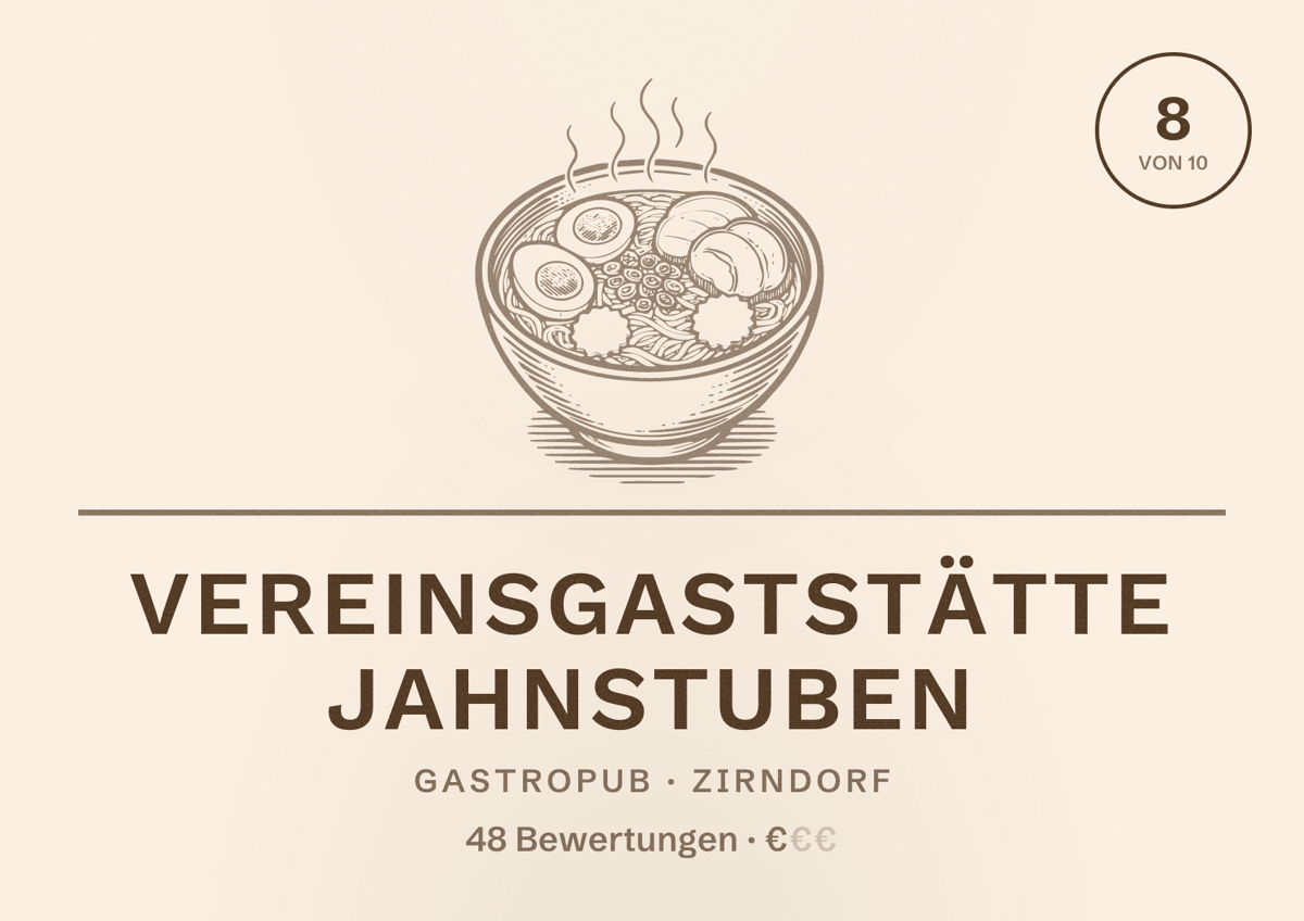 Illustriertes Poster von Vereinsgaststätte Jahnstuben, Gastropub in Zirndorf: Bewertung 8 von 10 aus 48 Bewertungen, Preisniveau €