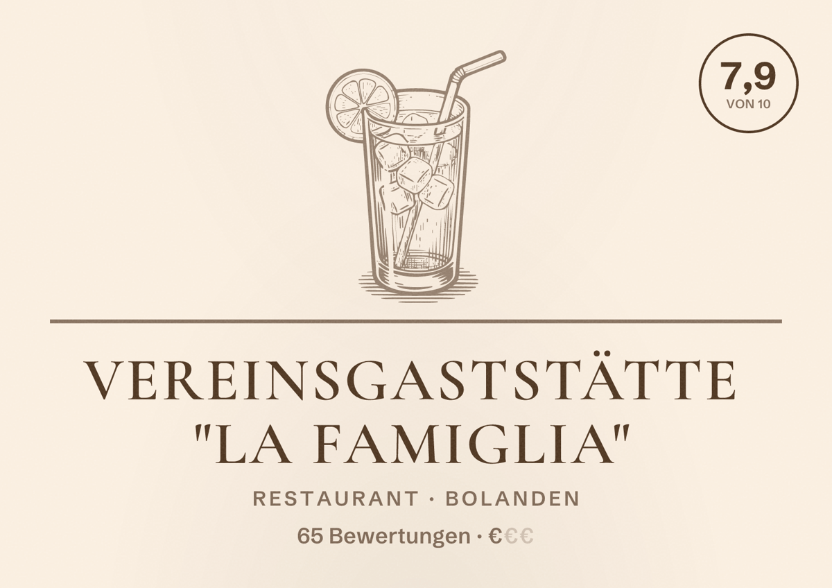 Illustriertes Poster von Vereinsgaststätte "La Famiglia", Restaurant in Bolanden: Bewertung 7,9 von 10 aus 65 Bewertungen, Preisniveau €