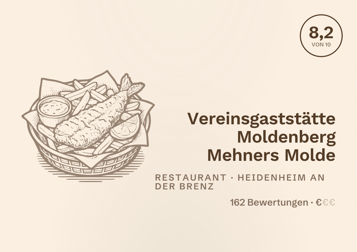 Illustriertes Poster von Vereinsgaststätte Moldenberg Mehners Molde, Restaurant in Heidenheim an der Brenz: Bewertung 8,2 von 10 aus 162 Bewertungen, Preisniveau €