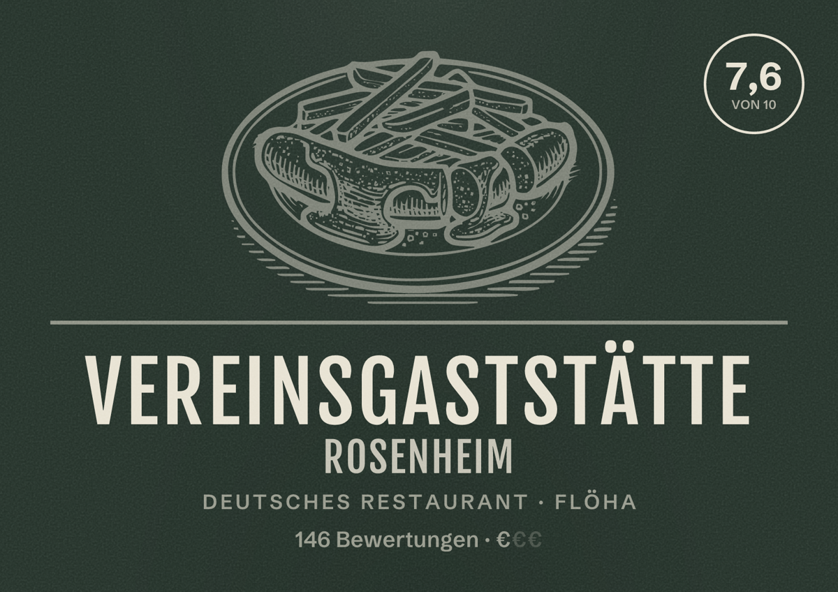 Illustriertes Poster von Vereinsgaststätte Rosenheim, Deutsches Restaurant in Flöha: Bewertung 7,6 von 10 aus 146 Bewertungen, Preisniveau €