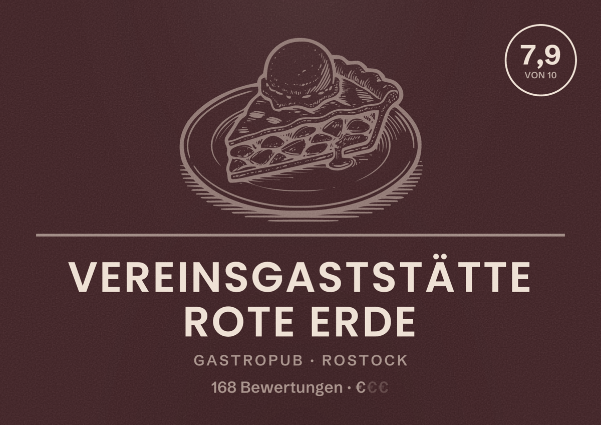 Illustriertes Poster von Vereinsgaststätte Rote Erde, Gastropub in Rostock: Bewertung 7,9 von 10 aus 168 Bewertungen, Preisniveau €