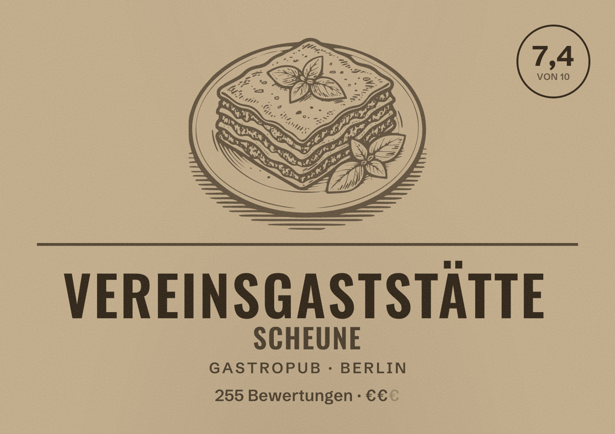 Illustriertes Poster von Vereinsgaststätte Scheune, Gastropub in Berlin: Bewertung 7,4 von 10 aus 255 Bewertungen, Preisniveau €€