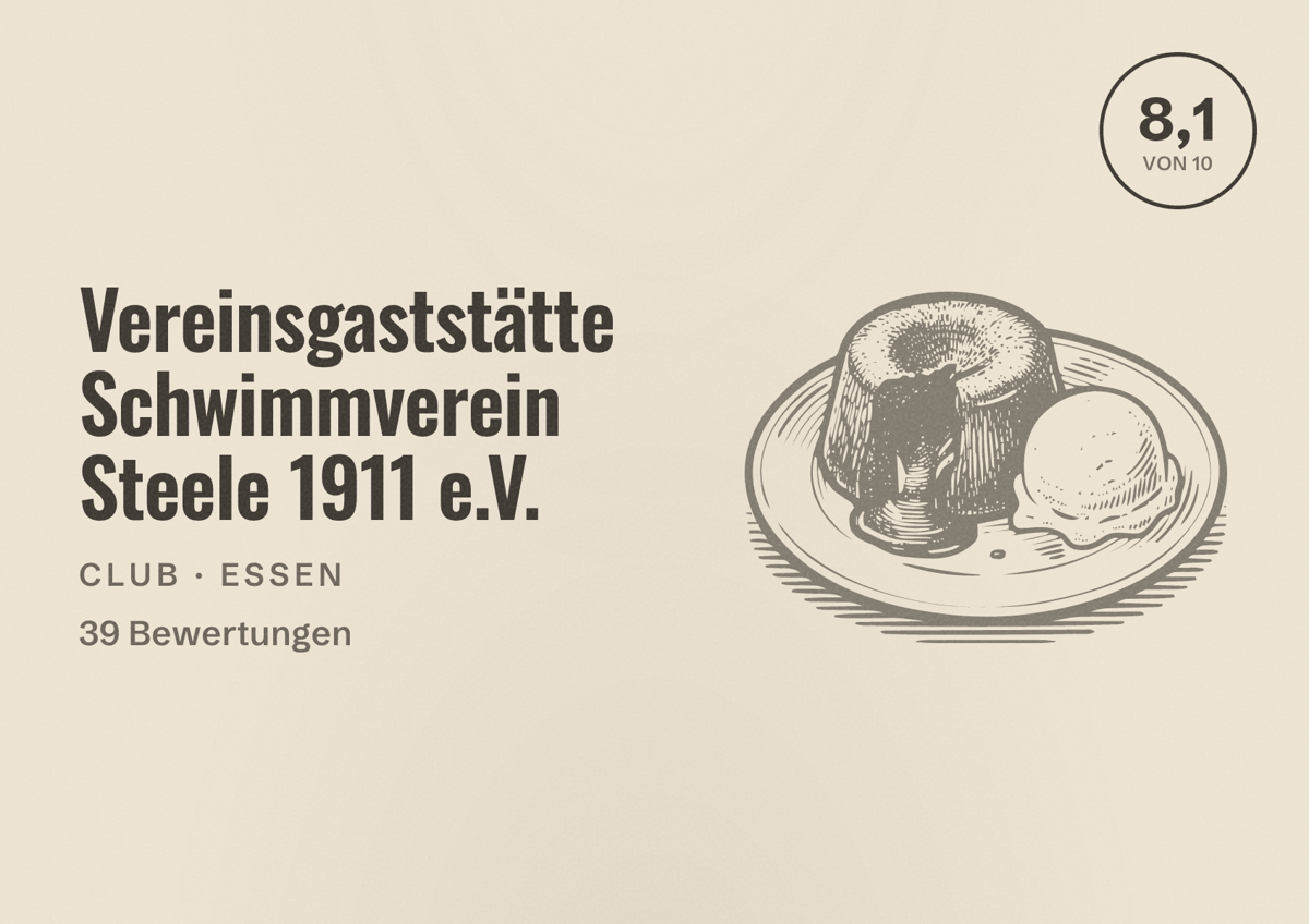 Illustriertes Poster von Vereinsgaststätte Schwimmverein Steele 1911 e.V., Club in Essen: Bewertung 8,1 von 10 aus 39 Bewertungen