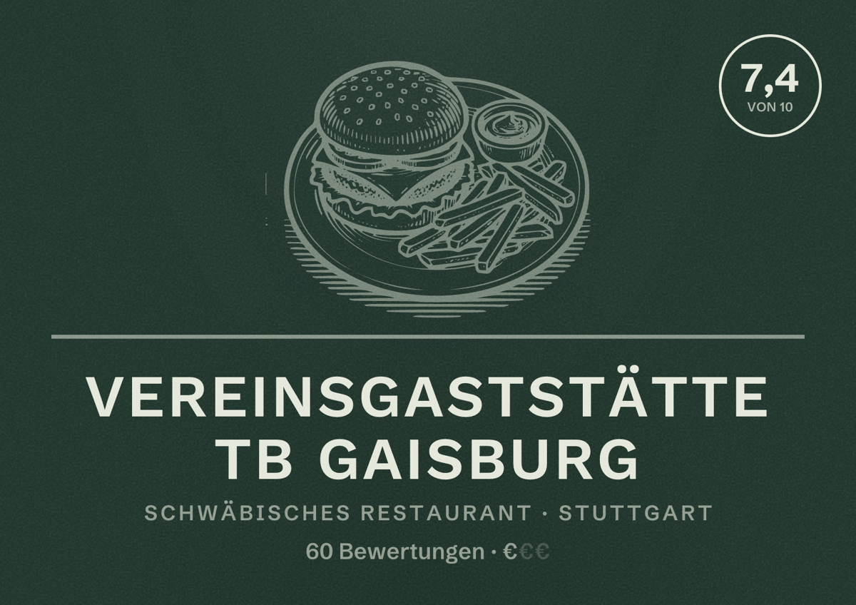 Illustriertes Poster von Vereinsgaststätte TB Gaisburg, Schwäbisches Restaurant in Stuttgart: Bewertung 7,4 von 10 aus 60 Bewertungen, Preisniveau €