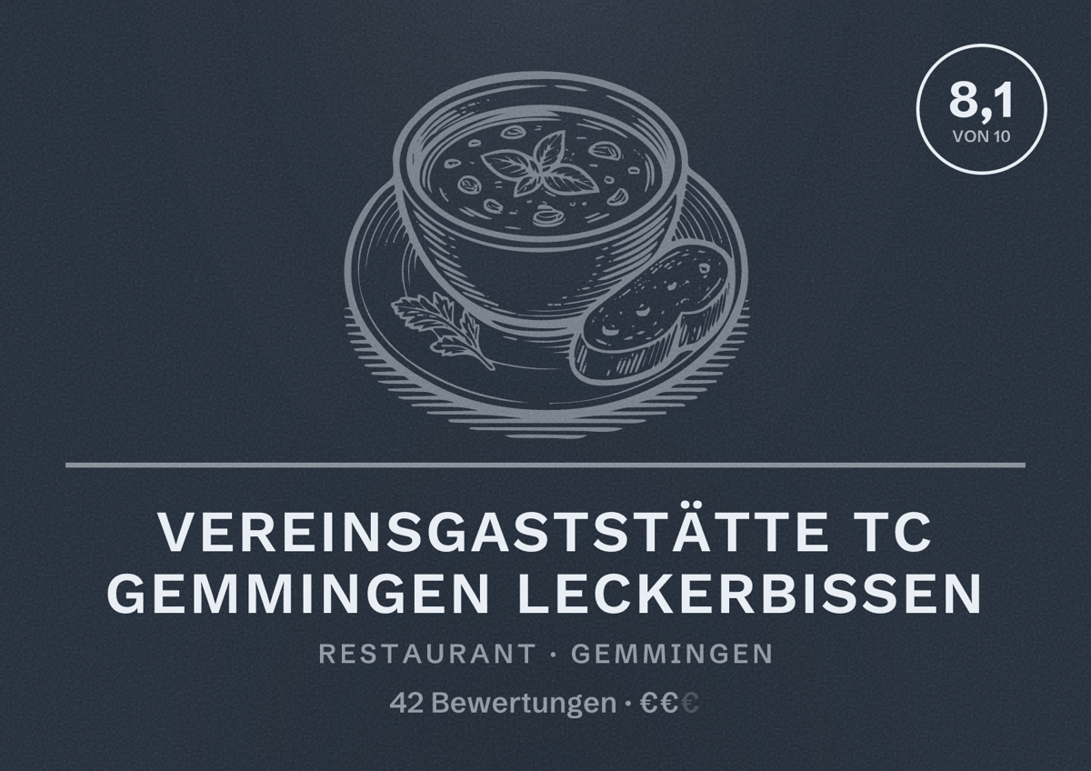 Illustriertes Poster von Vereinsgaststätte TC Gemmingen Leckerbissen, Restaurant in Gemmingen: Bewertung 8,1 von 10 aus 42 Bewertungen, Preisniveau €€
