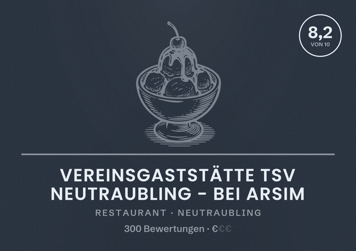 Illustriertes Poster von Vereinsgaststätte TSV Neutraubling - Bei Arsim, Restaurant in Neutraubling: Bewertung 8,2 von 10 aus 300 Bewertungen, Preisniveau €