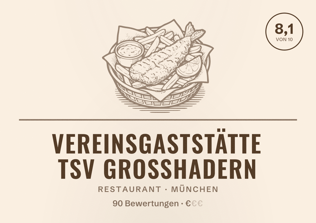 Illustriertes Poster von Vereinsgaststätte TSV Großhadern, Restaurant in München: Bewertung 8,1 von 10 aus 90 Bewertungen, Preisniveau €
