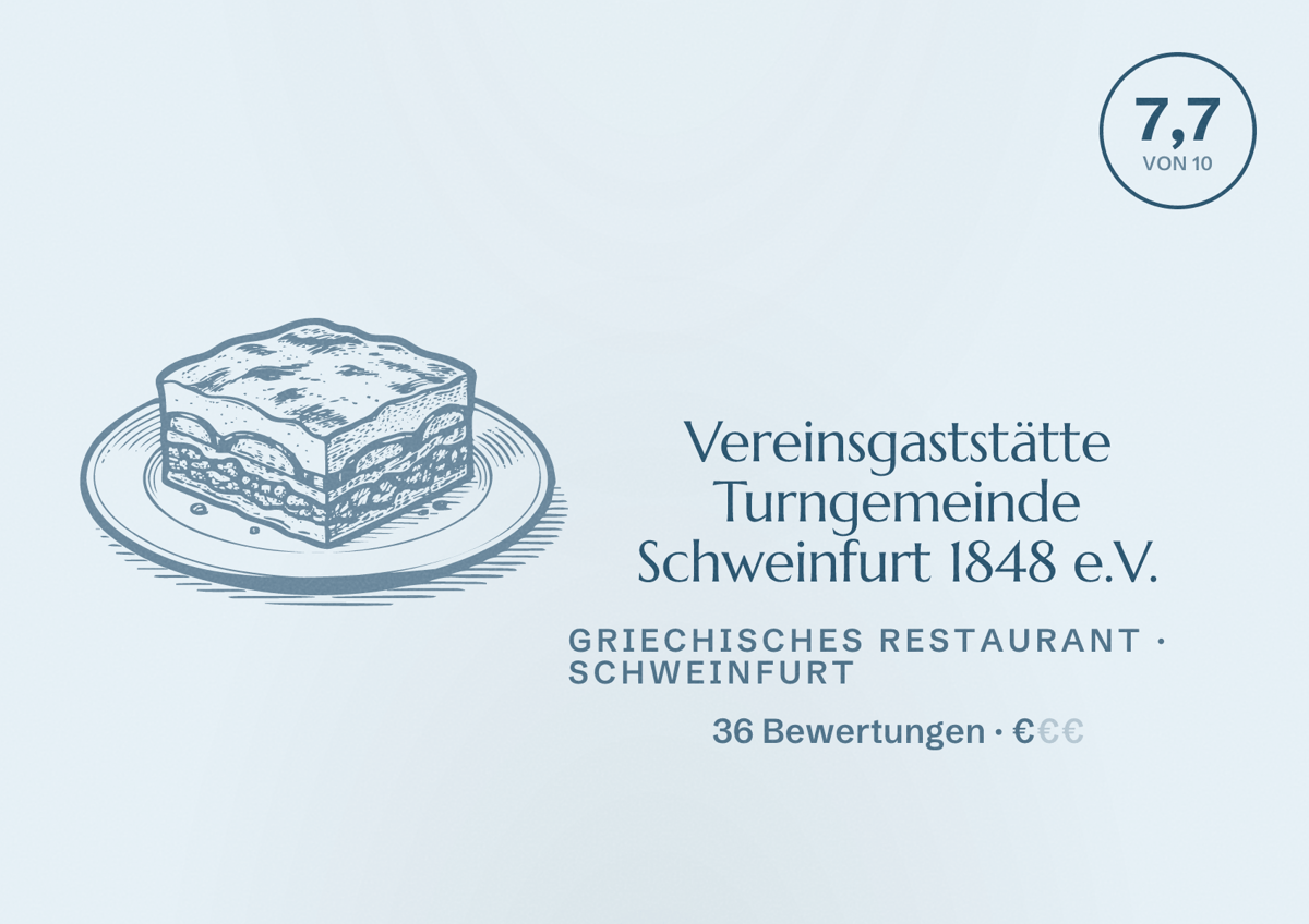 Illustriertes Poster von Vereinsgaststätte Turngemeinde Schweinfurt 1848 e.V., Griechisches Restaurant in Schweinfurt: Bewertung 7,7 von 10 aus 36 Bewertungen, Preisniveau €