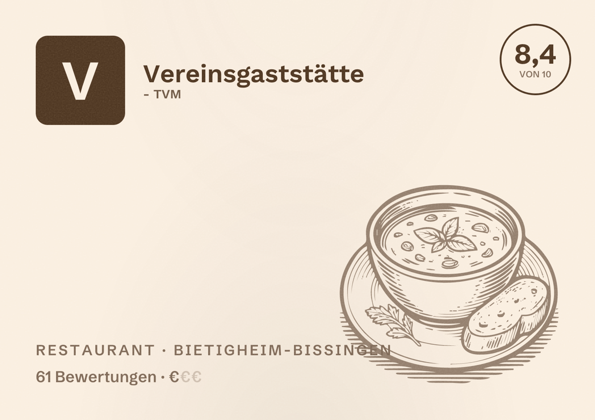 Illustriertes Poster von Vereinsgaststätte - TVM, Restaurant in Bietigheim-Bissingen: Bewertung 8,4 von 10 aus 61 Bewertungen, Preisniveau €