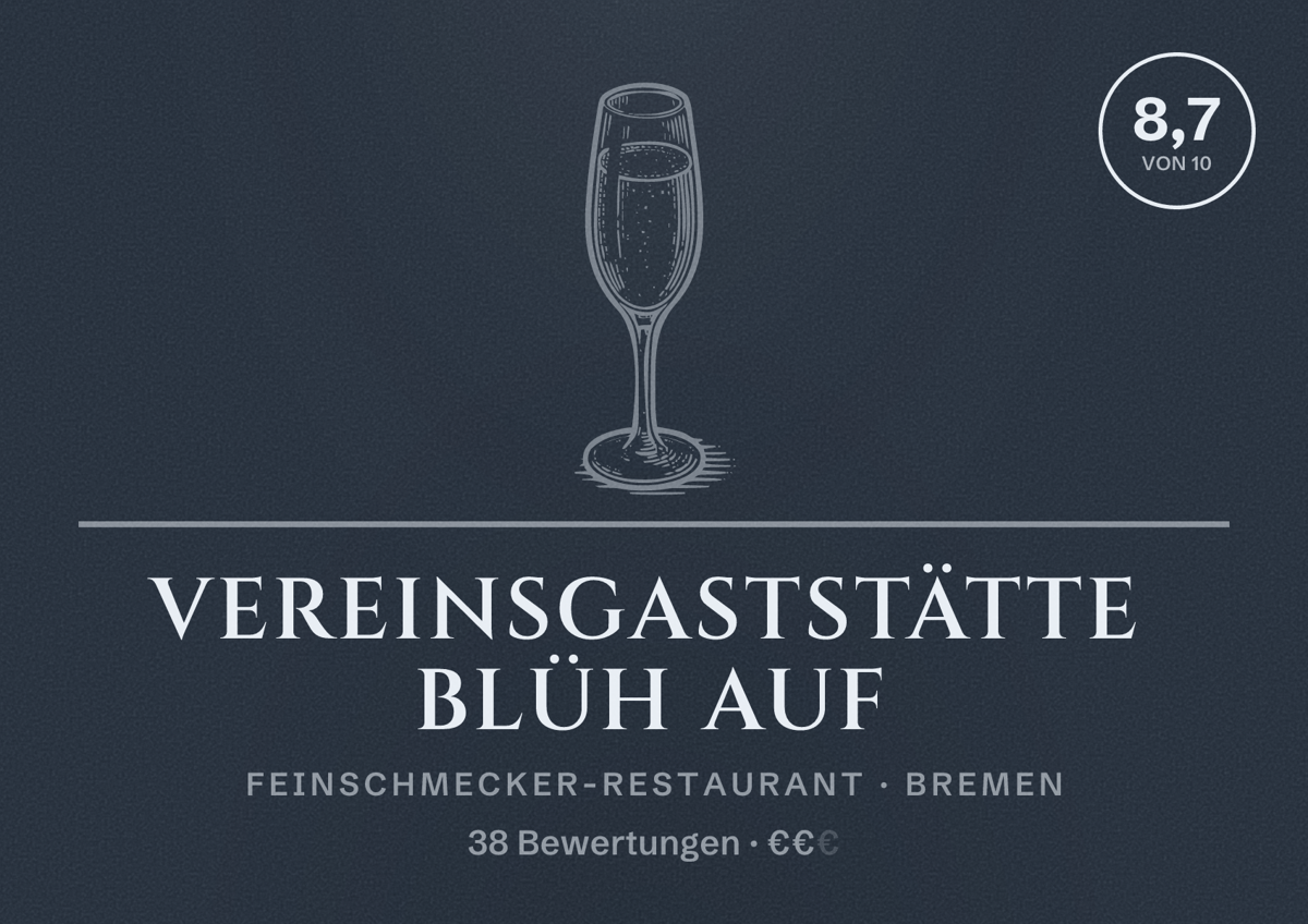 Illustriertes Poster von Vereinsgaststätte Blüh Auf, Feinschmecker-Restaurant in Bremen: Bewertung 8,7 von 10 aus 38 Bewertungen, Preisniveau €€