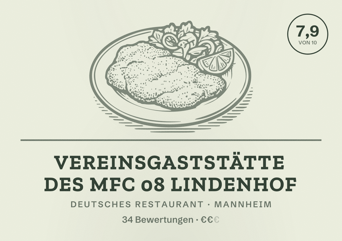 Illustriertes Poster von Vereinsgaststätte des MFC 08 Lindenhof, Deutsches Restaurant in Mannheim: Bewertung 7,9 von 10 aus 34 Bewertungen, Preisniveau €€