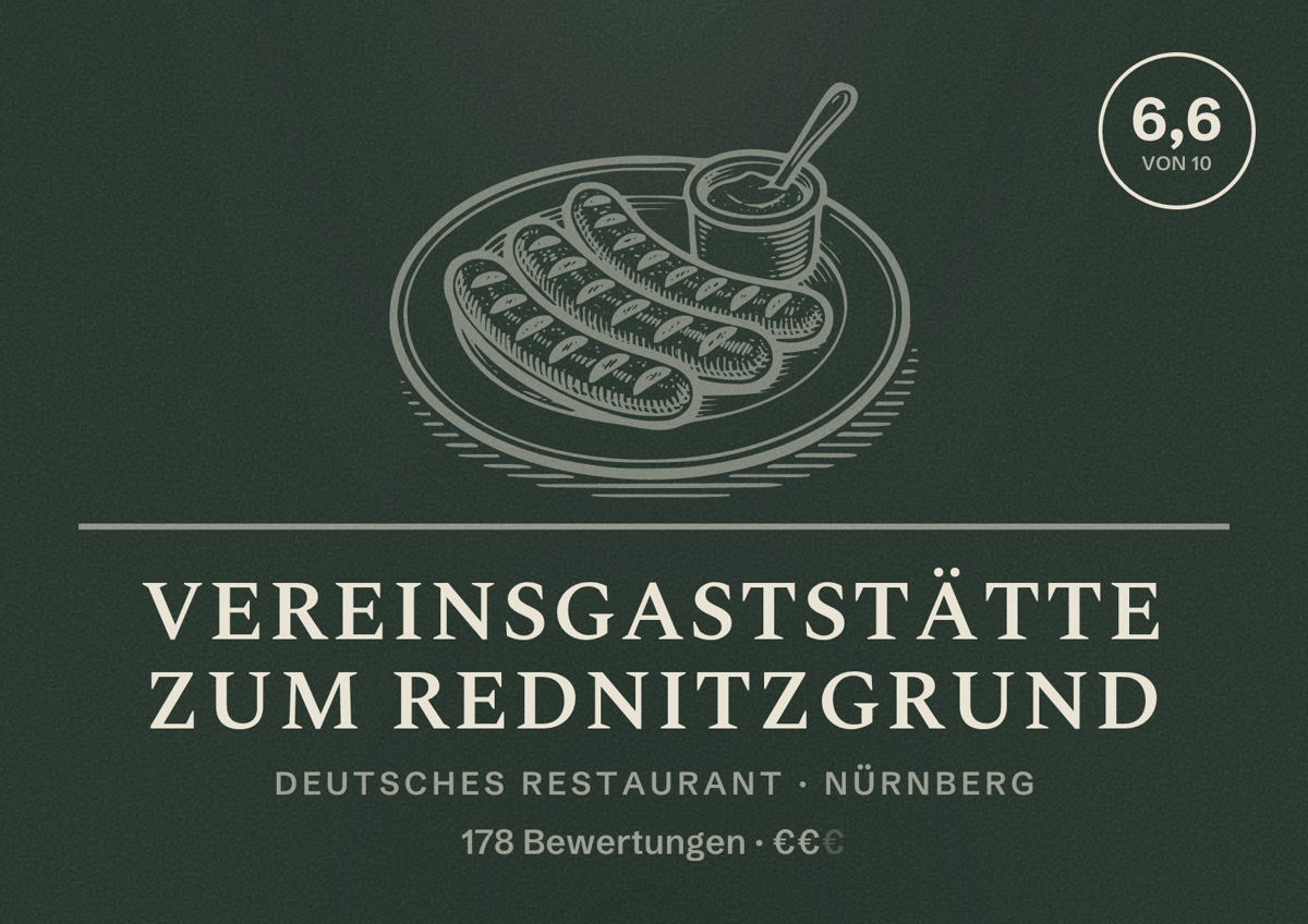 Illustriertes Poster von Vereinsgaststätte Zum Rednitzgrund, Deutsches Restaurant in Nürnberg: Bewertung 6,6 von 10 aus 178 Bewertungen, Preisniveau €€