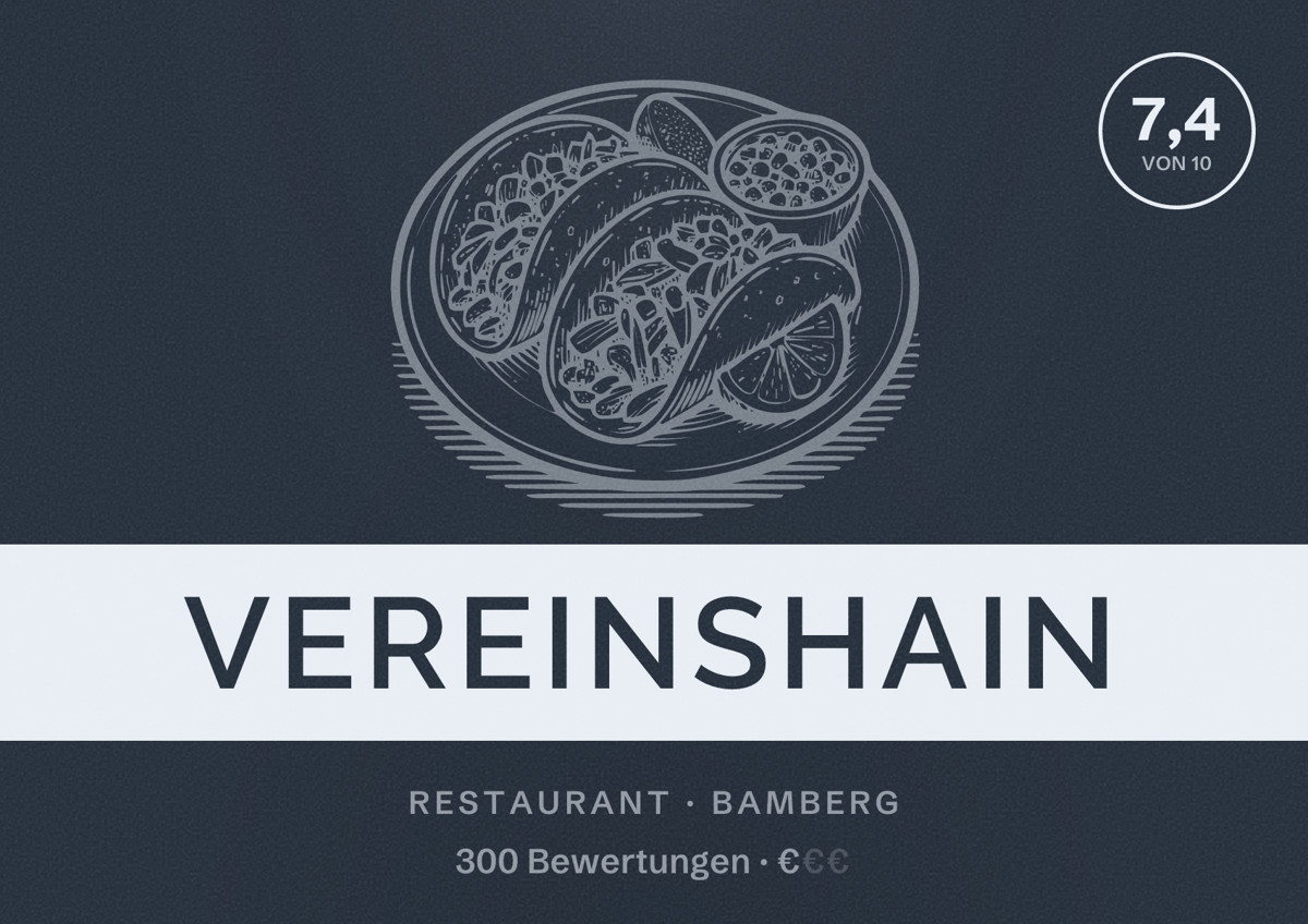 Illustriertes Poster von Vereinshain, Restaurant in Bamberg: Bewertung 7,4 von 10 aus 300 Bewertungen, Preisniveau €