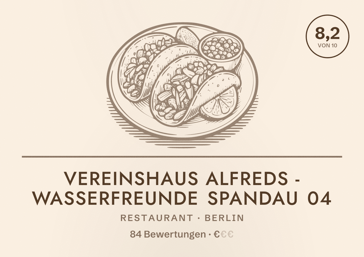 Illustriertes Poster von Vereinshaus Alfreds - Wasserfreunde Spandau 04, Restaurant in Berlin: Bewertung 8,2 von 10 aus 84 Bewertungen, Preisniveau €