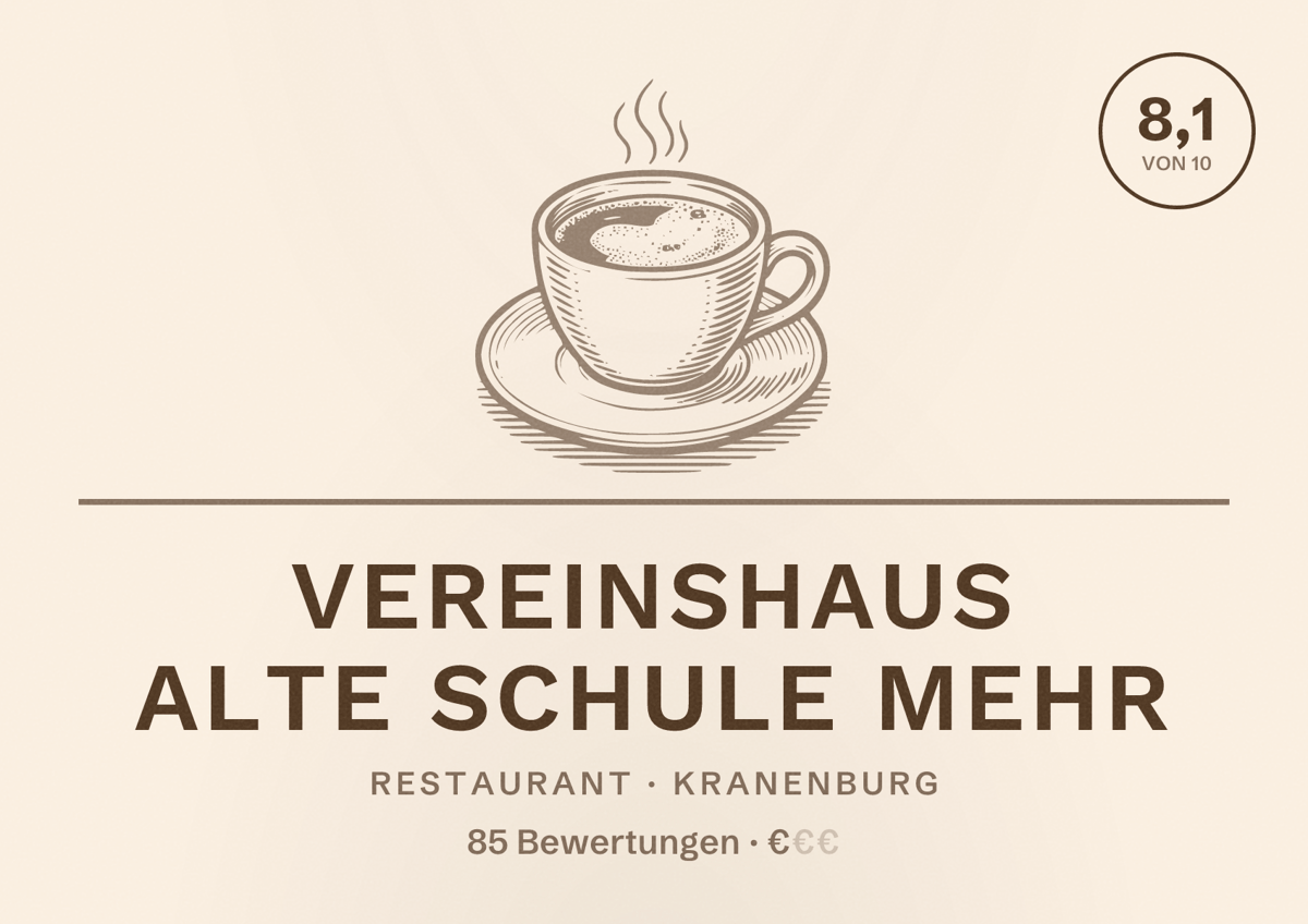 Illustriertes Poster von Vereinshaus Alte Schule Mehr, Restaurant in Kranenburg: Bewertung 8,1 von 10 aus 85 Bewertungen, Preisniveau €