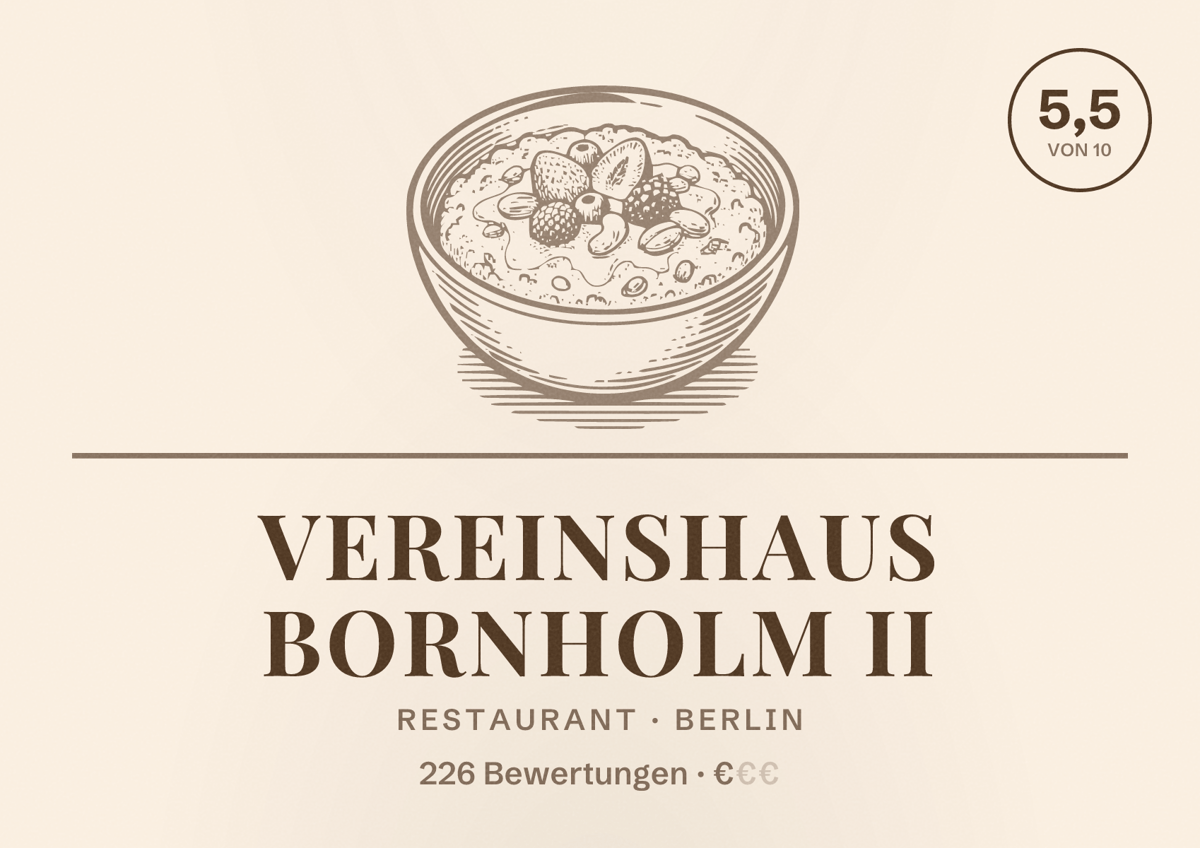 Illustriertes Poster von Vereinshaus Bornholm II, Restaurant in Berlin: Bewertung 5,5 von 10 aus 226 Bewertungen, Preisniveau €