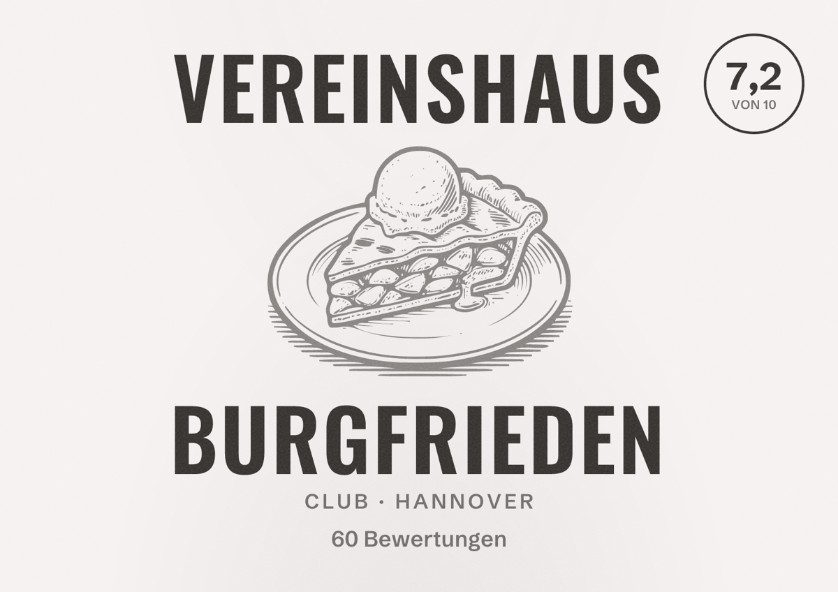 Illustriertes Poster von Vereinshaus Burgfrieden, Club in Hannover: Bewertung 7,2 von 10 aus 60 Bewertungen