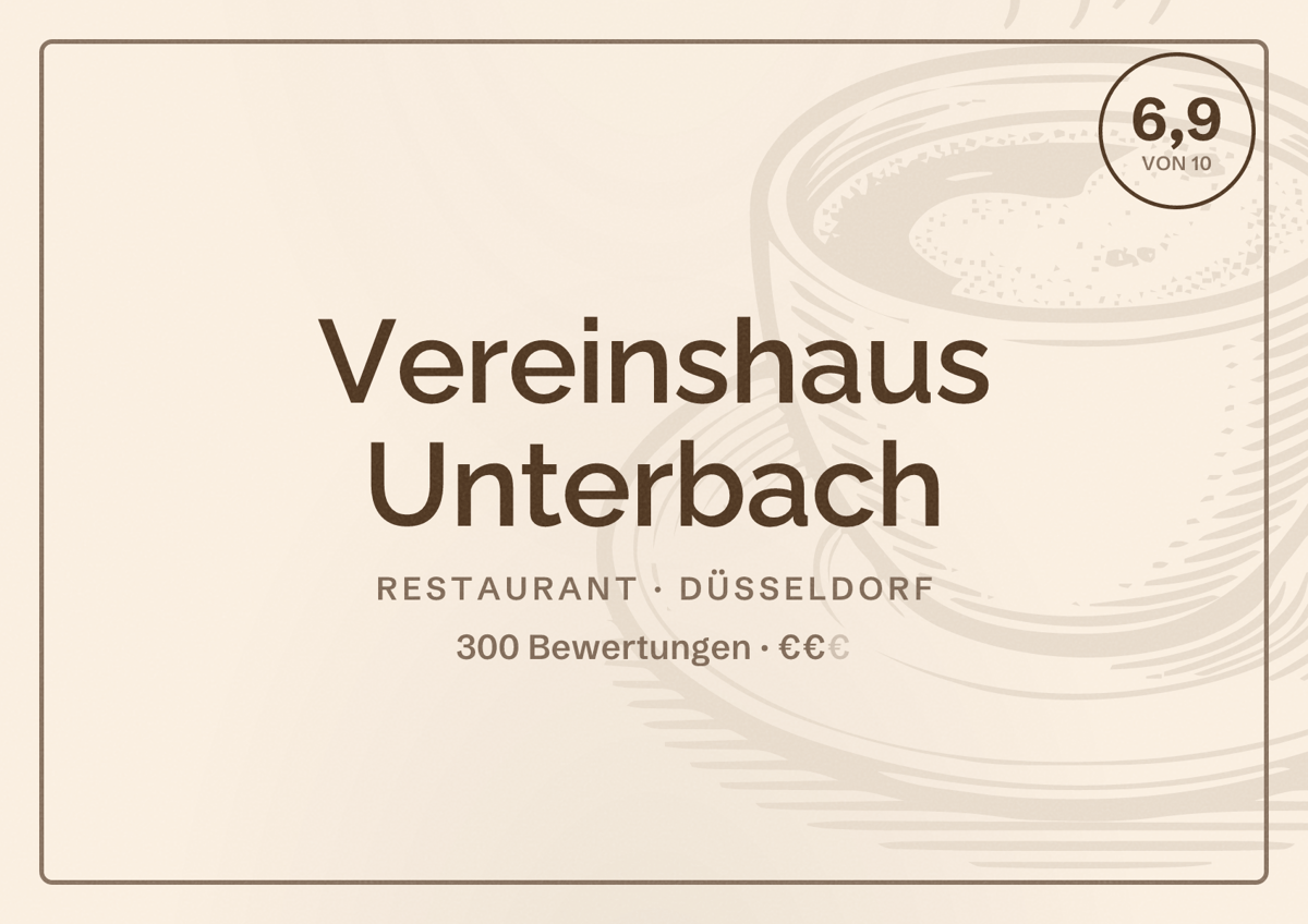 Illustriertes Poster von Vereinshaus Unterbach, Restaurant in Düsseldorf: Bewertung 6,9 von 10 aus 300 Bewertungen, Preisniveau €€