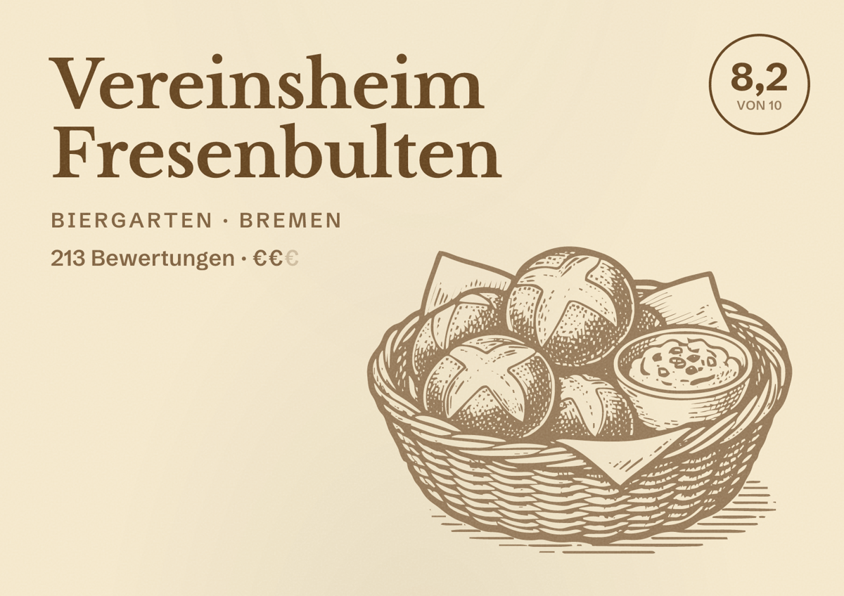 Illustriertes Poster von Vereinsheim Fresenbulten, Biergarten in Bremen: Bewertung 8,2 von 10 aus 213 Bewertungen, Preisniveau €€