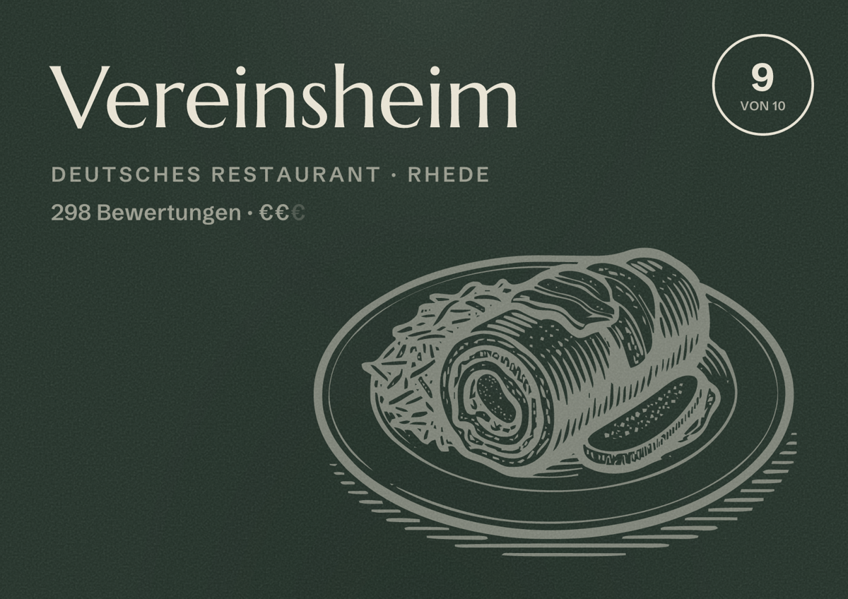 Illustriertes Poster von Vereinsheim, Deutsches Restaurant in Rhede: Bewertung 9 von 10 aus 298 Bewertungen, Preisniveau €€