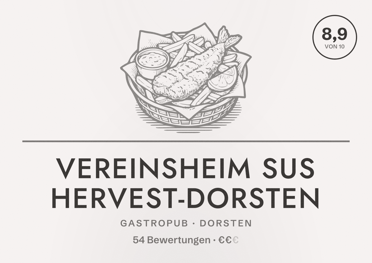 Illustriertes Poster von Vereinsheim SuS Hervest-Dorsten, Gastropub in Dorsten: Bewertung 8,9 von 10 aus 54 Bewertungen, Preisniveau €€