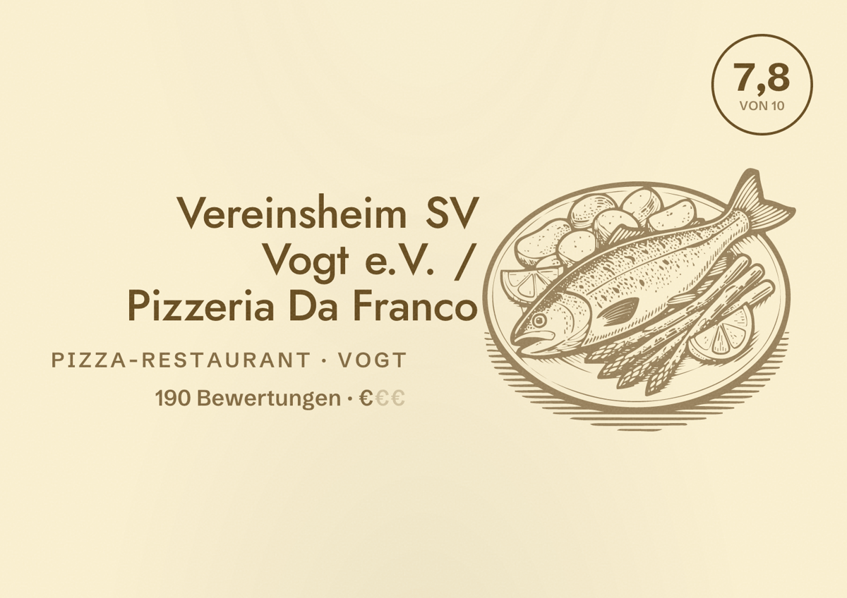 Illustriertes Poster von Vereinsheim SV Vogt e.V. / Pizzeria Da Franco, Pizza-Restaurant in Vogt: Bewertung 7,8 von 10 aus 190 Bewertungen, Preisniveau €